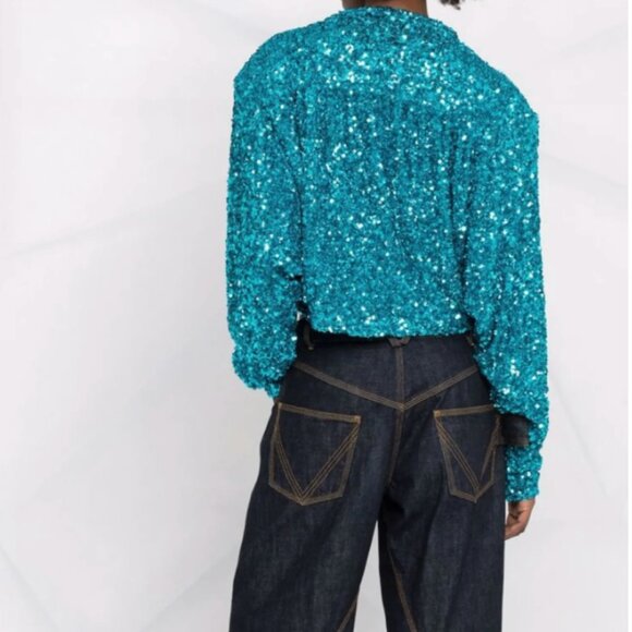 ROTATE BIRGER CHRISTENSEN Aurelia Sequin Embellished blouse 10 Teal Cropped - Picture 3 of 13